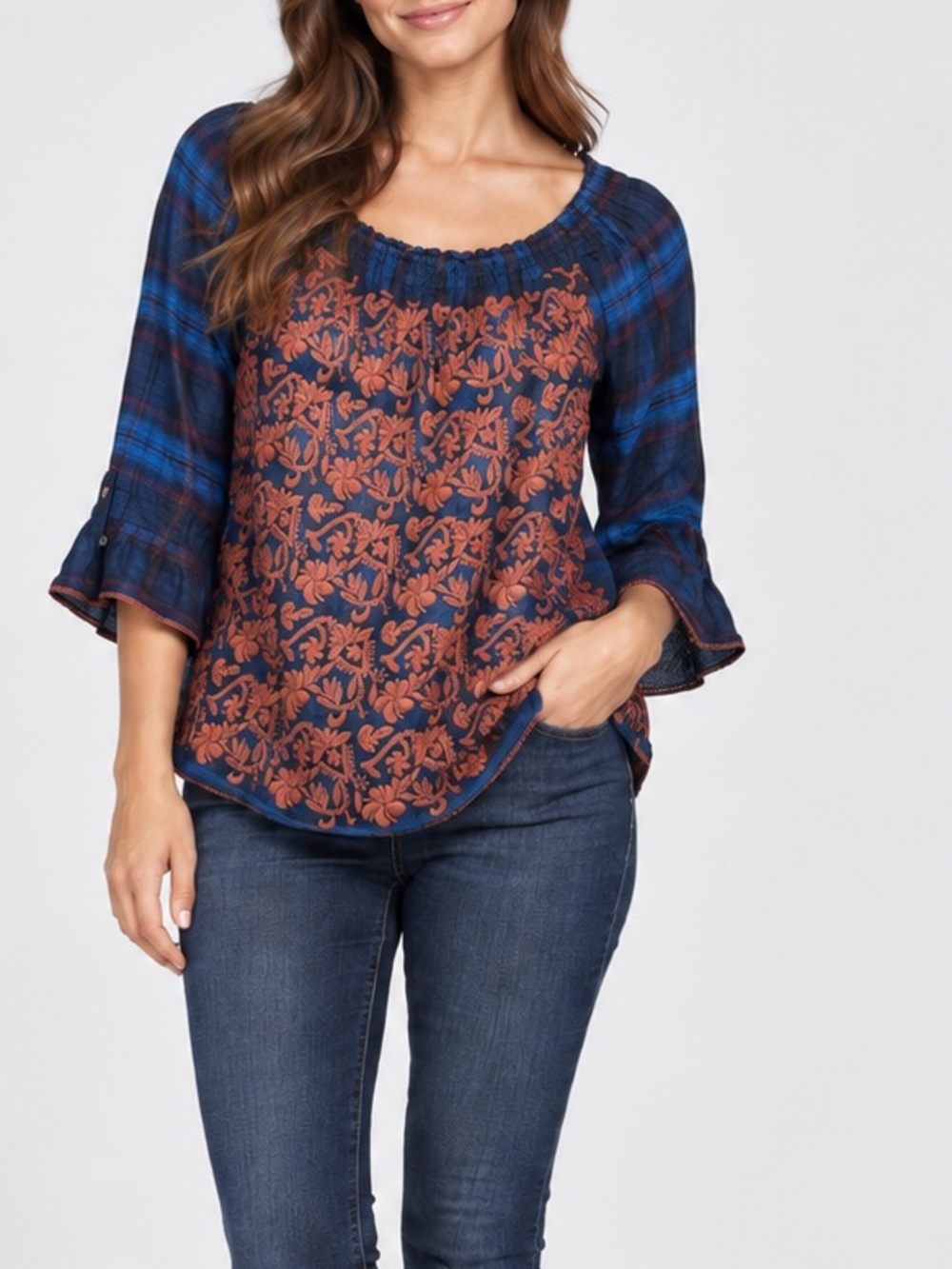 Sister Mary Blue Plaid Floral Embroidered Boho Peasant Blouse Sz XS